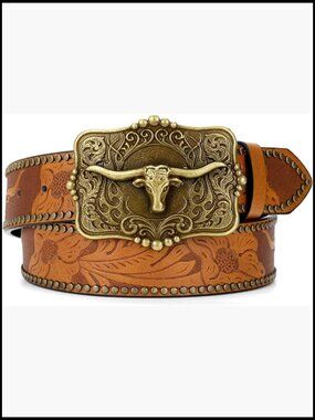 Western Leather Belt Detachable Buckle Retro Cowboy Style Adjustable Fit